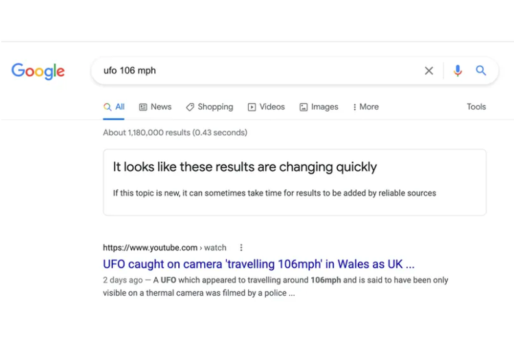 Hasil pencarian Google yang bakal mengingatkan pengguna apabila informasi kurang meyakinkan.