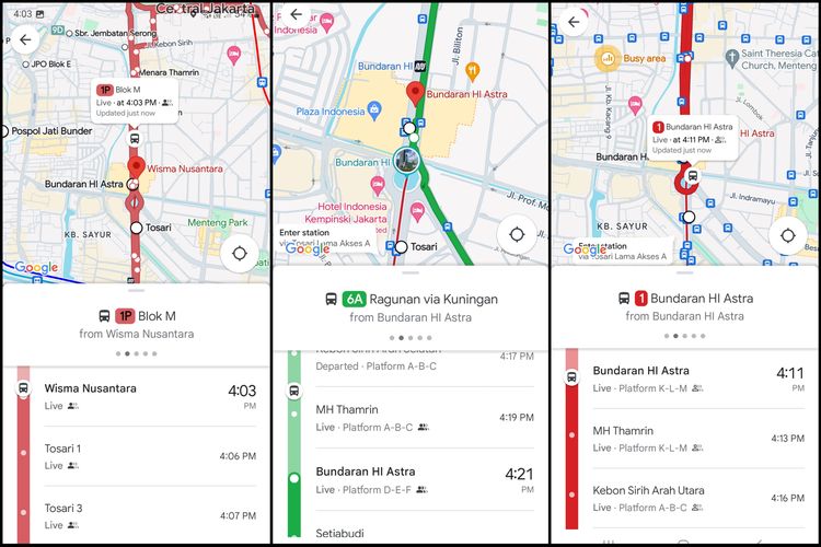 Tampilan fitur live tracking di Google Maps untuk bus TransJakarta. Aplikasi menampilkan pergerakan posisi bus dan estimasi waktu keberangkatan di tiap-tiap halte yang dilalui bus.