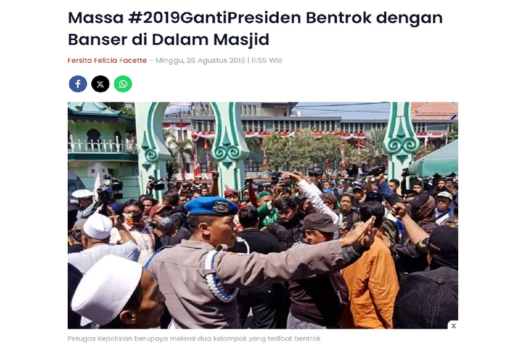 Tangkapan layar artikel JawaPos.com soal bentrok massa #2019GantiPresiden dengan Banser