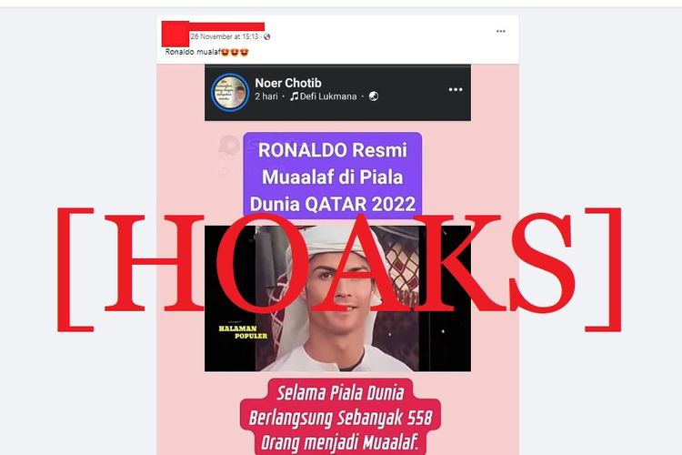 Tangkapan layar Facebook narasi yang menyebut bahwa Cristiano Ronaldo menjadi mualaf di Piala Dunia 2022 Qatar