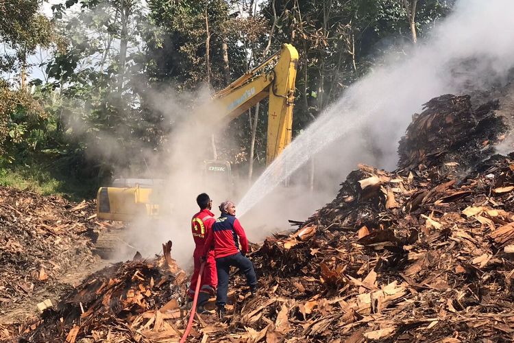 Petugas Damkar terus berupaya memadamkan kebakaran yang melanda tempat pembuangan limbah dari pabrik kayu di Desa Tayem Timur, Kecamatan Karangpucung, Kabupaten Cilacap, Jawa Tengah, Rabu (27/7/2022).
