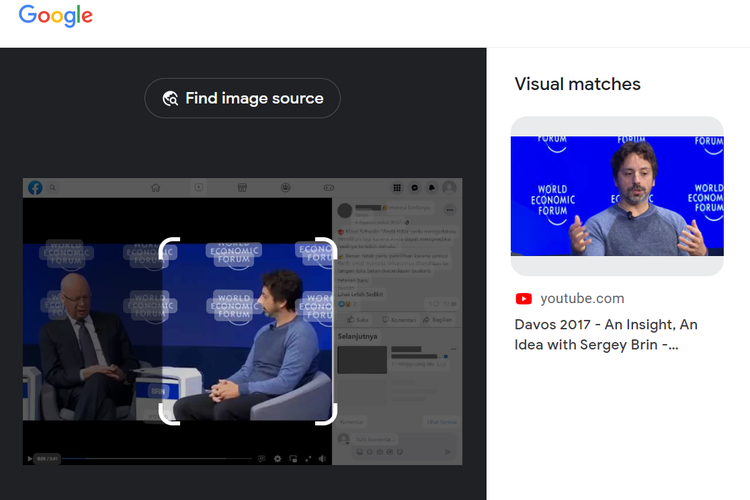 Tangkapan layar pencarian gambar di Google Lens, menampilkan diskusi pendiri WEF Klaus Schwab dan pendiri Google Sergey Brin di kanal YouTube, World Economic Forum, 19 Januari 2017.