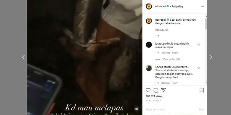 Tangkapan layar unggahan Instagram @ndorobeii soal ular gigit tangan warga dan diguyur dengan air