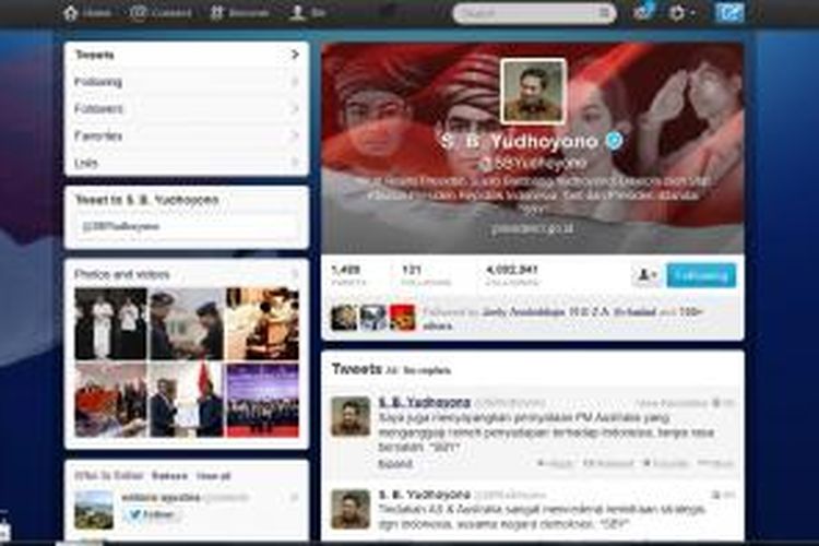 Tampilan akun Twitter Presiden Susilo Bambang Yudyono, Selasa (19/11/2013).
