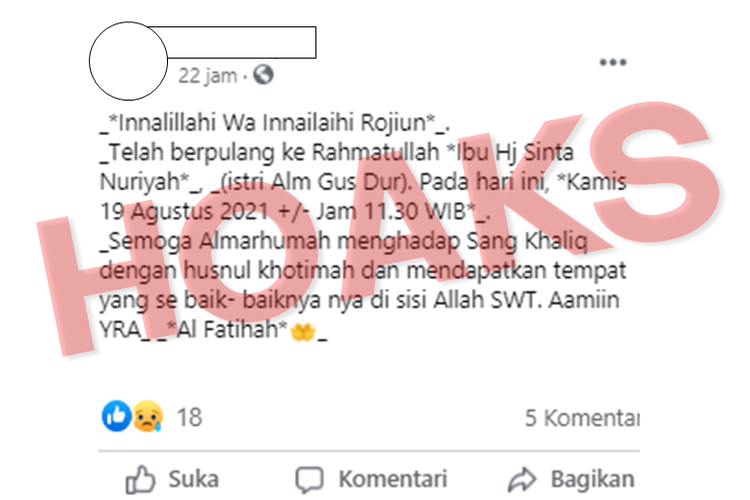 Tangkapan layar unggahan hoaks yang menyebut istri Presiden ke-4 RI Abdurrahman Wahid (Gus Dur), Sinta Nuriyah Wahid, meninggal dunia.