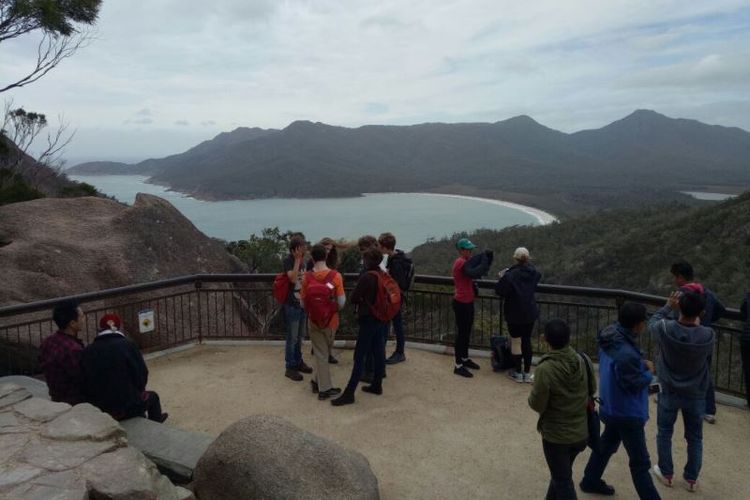 Para wisatawan disuguhi pemandangan indah ke arah Teluk Wineglass, Tasmania dari ketinggian 240 meter di atas permukaan laut.