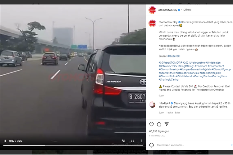 Video viral di media sosial memperlihatkan pengemudi Toyota Avanza yang berjalan statis di lajur kanan jalan tol.