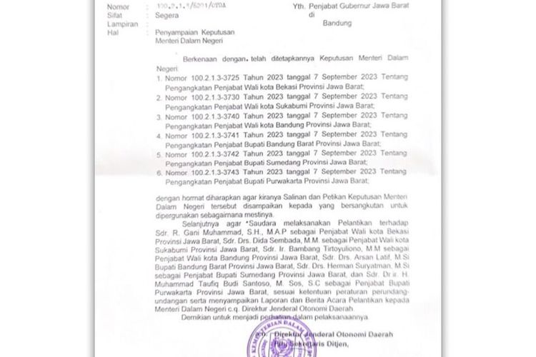 Dokumen Surat Keputusan (SK) Menteri Dalam Negeri (Mendagri) daftar enam Penjabat (Pj) Wali Kota/Bupati di Jawa Barat.