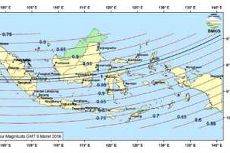 Peta lintasan gerhana matahari 9 Maret 2016 di Indonesia, juga peta magnitudo. Sumatera Selatan, khususnya Palembang, adalah area pertama yang mengalaminya, dengan kontak pertama sekitar pukul 06.19 WIB
