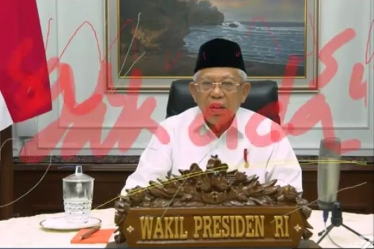 Hasil layar tangkap video Wakil Presiden Maruf Amin yang dicoret-coret dalam tayangan webinar yang diselenggarakan UIN Malang, Kamis (3/6/2020).