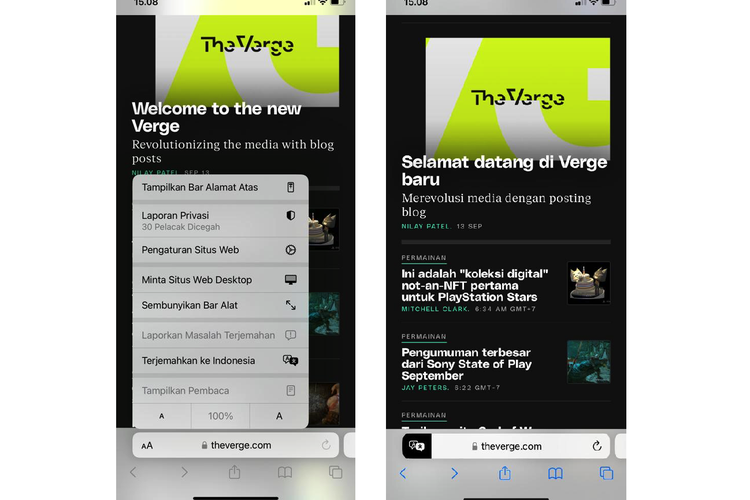 Ilustrasi fitur translate website ke bahasa Indonesia di Safari iPhone iOS 16.
