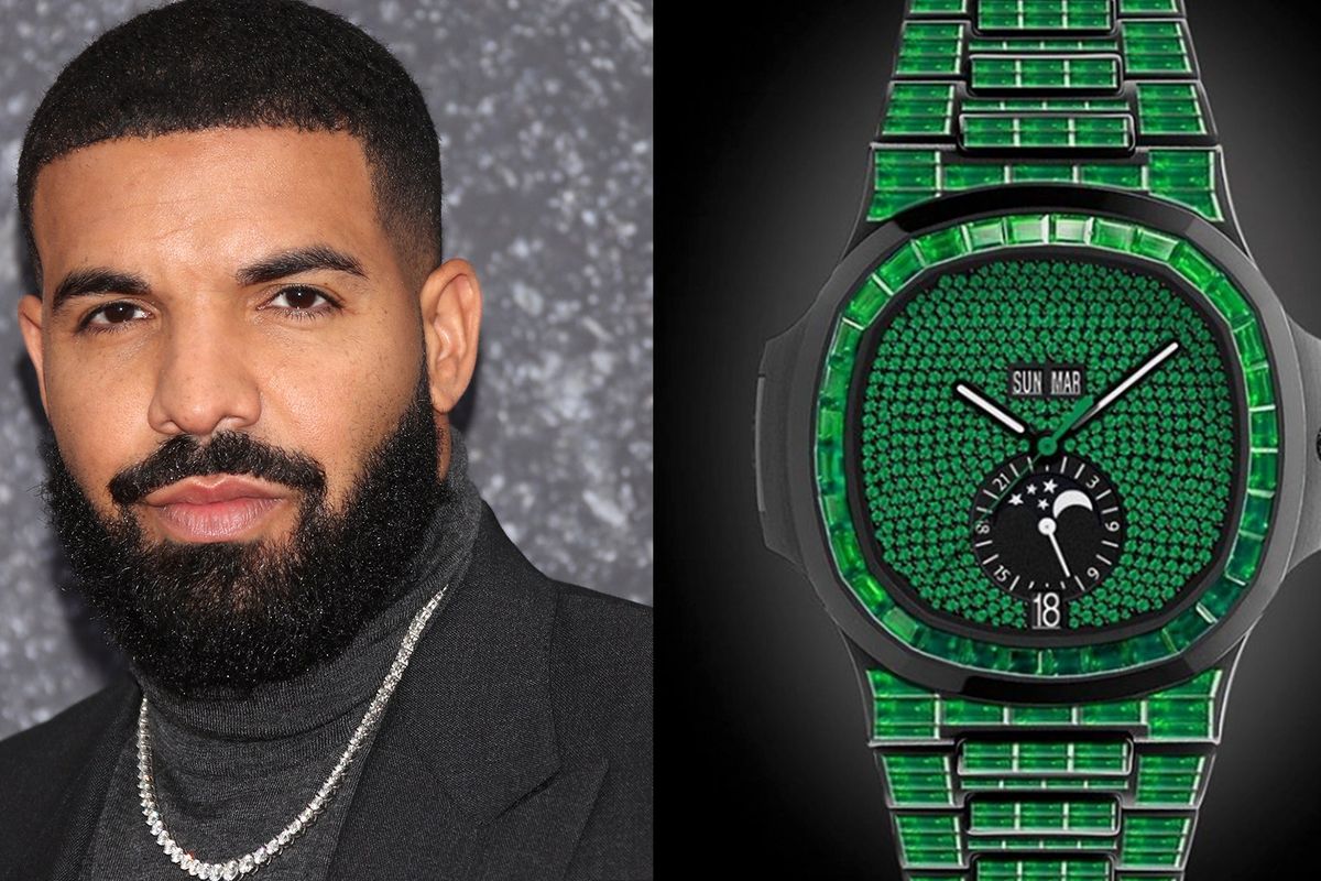 Jam tangan Patek Philippe Nautilus milik Drake yang dicustom oleh Jacob & Co berdasarkan desain Virgil Abloh