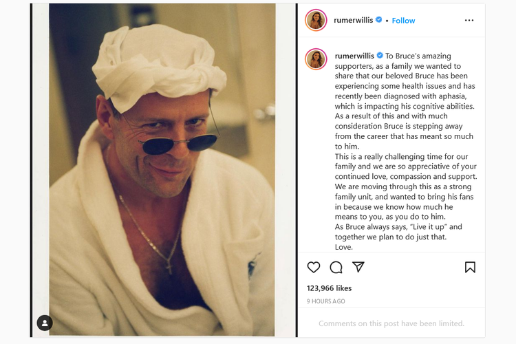 Unggahan Rumer Willis di Instagram yang mengumumkan kondisi sang ayah Bruce Willis yang harus pensiun dari dunia akting akibat penyakit afasia.
