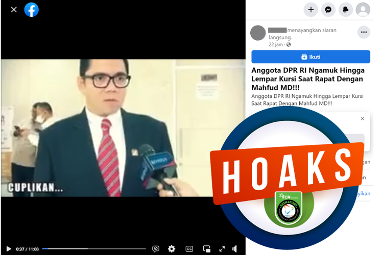 Tangkapan layar unggahan dengan narasi hoaks di sebuah akun Facebook, Kamis (30/3/2023), yang menyebut anggota DPR mengamuk hingga melempar kursi saat rapat dengan Mahfud MD.