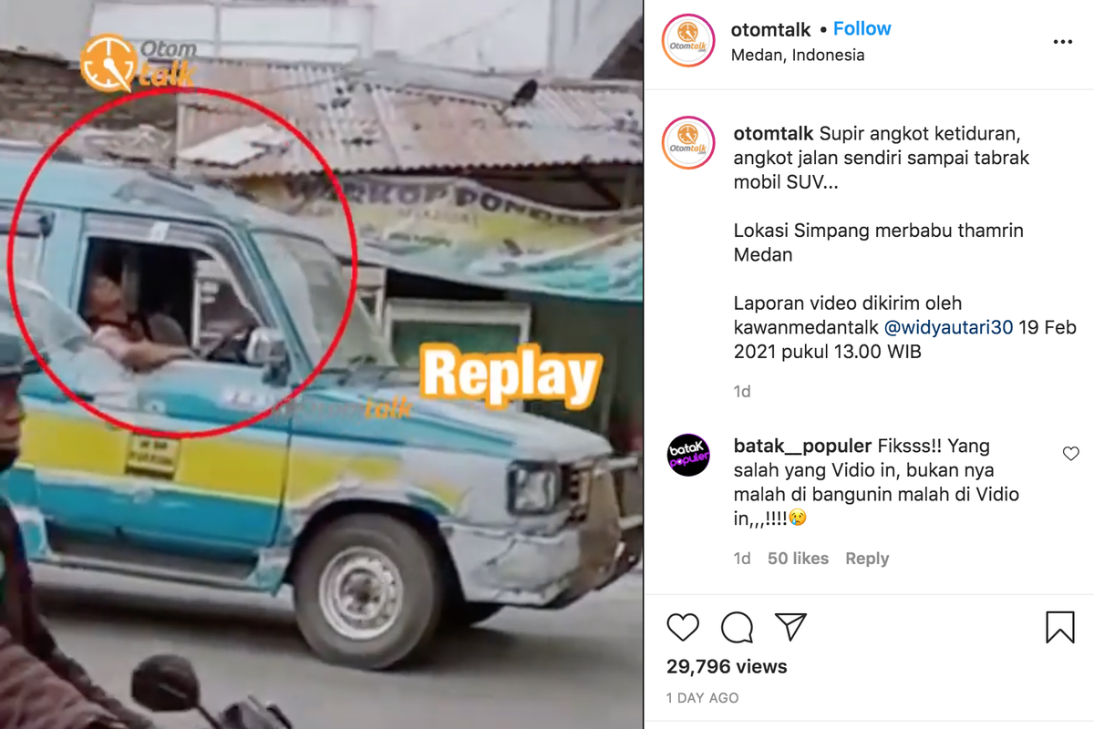 Sebuah video yang merekam sopir angkot ketiduran hingga nabrak mobil SUV di Simpang Merbabu Thamrin Medan