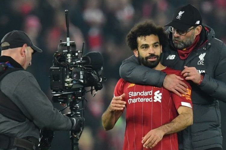 Mohamed Salah dan Juergen Klopp pada laga Liverpool vs Manchester United dalam lanjutan pekan ke-23 Liga Inggris 2019-2020.