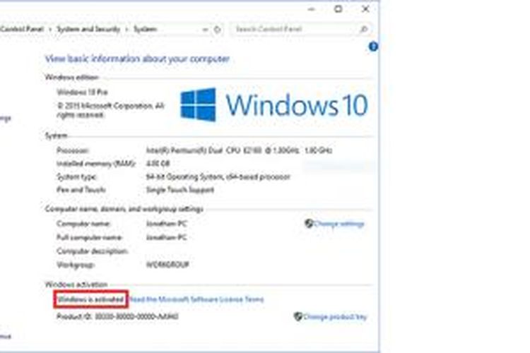 Screenshot OS Windows 10 dengan status activated, meski terpasang sebagai upgrade di mesin yang sebelumnya menjalankan Windows bajakan 