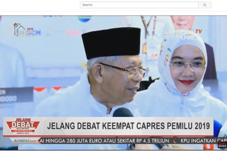 Cawapres nomor urut 01 Maruf Amin saat tiba di lokasi debat keempat, Sabtu (30/3/2019).