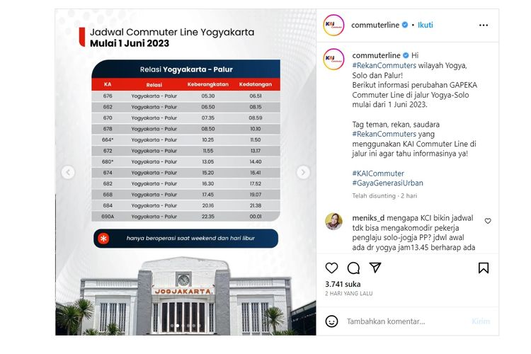 Tangkapan layar update jadwal KRL Yogyakarta-Palur yang berlaku mulai 1 Juni 2023. 