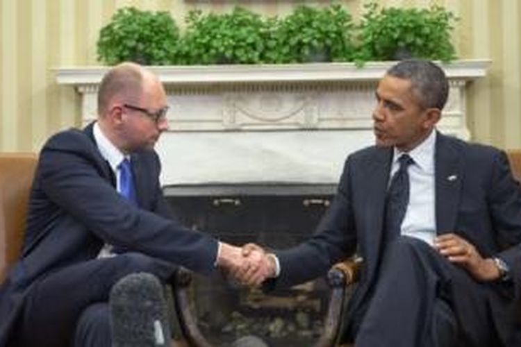 Presiden AS Barack Obama menerima kunjungan PM interim Ukraina Arseniy Yatsenyuk di Gedung Putih Rabu (12/3). 