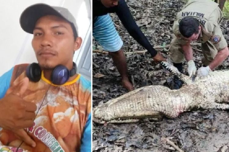 Elias Araujo, seorang nelayan di Negara Bagian Amazonas, Brasil, yang tewas dimakan buaya setelah kapalnya dibajak bajak laut. Foto kanan: caiman, salah satu spesies buaya besar di sana, dibedah oleh petugas untuk mencari potongan jenazah Araujo.