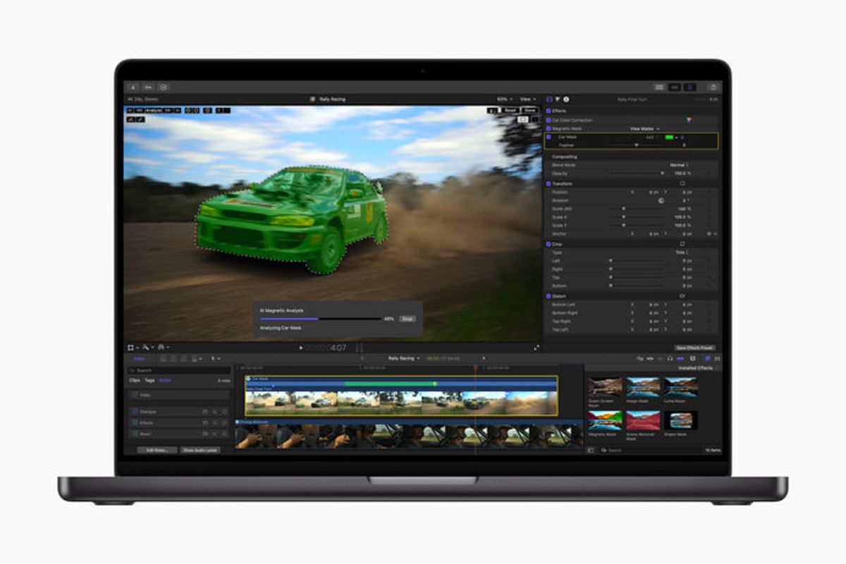 Fitur Magnetic Masking yang menyeleksi mobil di Final Cut Pro 11.