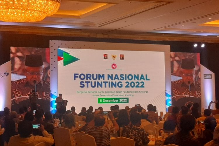 Wakil Presiden Ma'ruf Amin saat menghadiri Forum Nasional Stunting di Hotel Shangri-La, Jakarta, Selasa (6/12/2022).