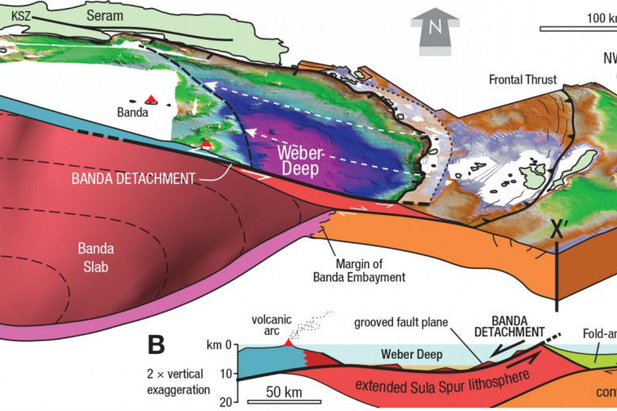 Diagram dari Patahan Detasemen Banda, Weber Deep, patahan terbesar Bumi yang berada di bawah perairan Laut Banda, Indonesia.