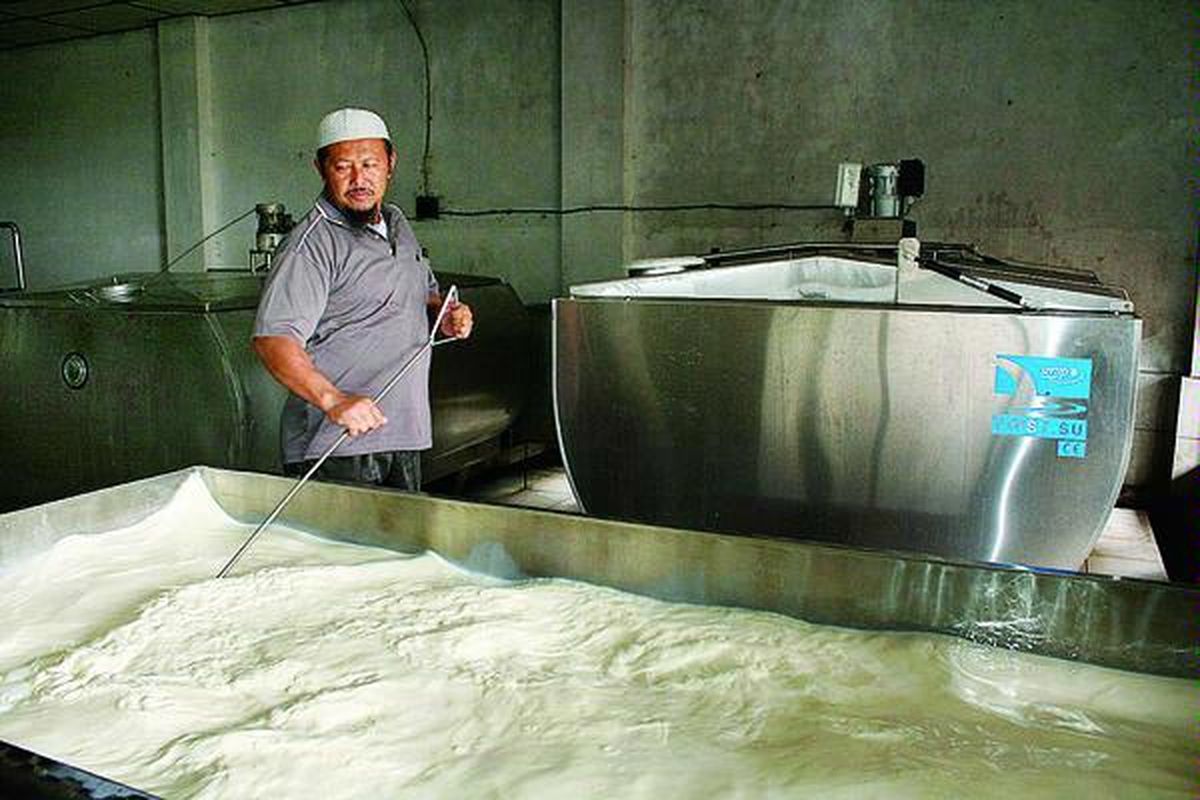 Petugas di unit pendinginan susu milik KUD Cepogo di Kabupaten Boyolali, Jawa Tengah, Selasa ( 18/ 1), mengaduk susu yang baru dimasukkan ke unit pendingin. Para peternak mengharapkan harga susu dinaikkan.