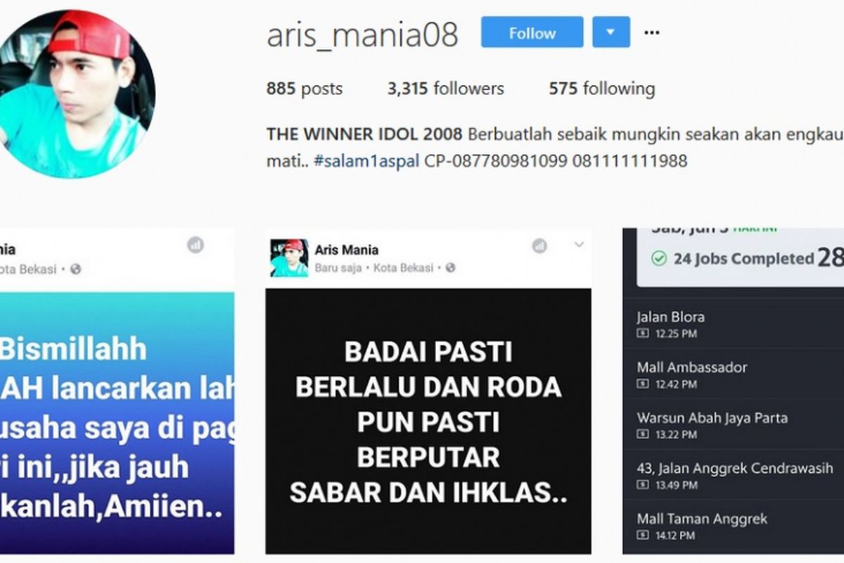 Tampilan akun Instagram Aris, @aris_mania08. Ia mengubah tulisan profil dan mengunggah beberapa kata bijak.