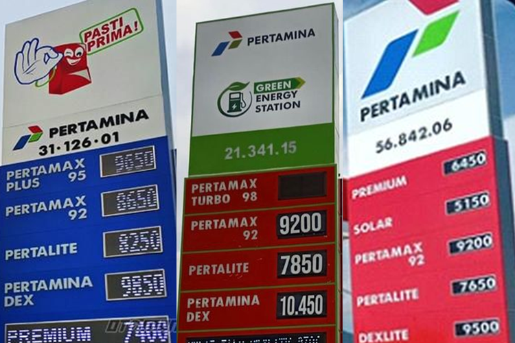 Kolase foto dari kiri ke kanan, SPBU Pasti Prima (warna biru), SPBU Green Energy Station atau GES (warna hijau), dan SPBU Pasti Pas (warna merah).