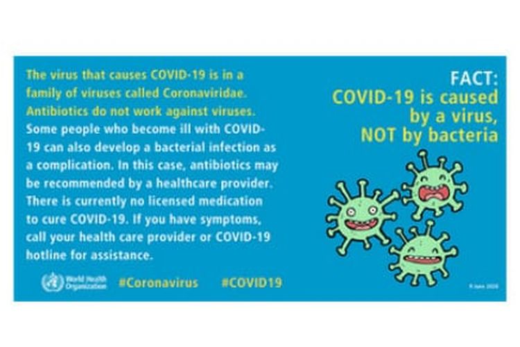 WHO menyatakan bahwa Covid-19 disebabkan virus, bukan bakteri. 