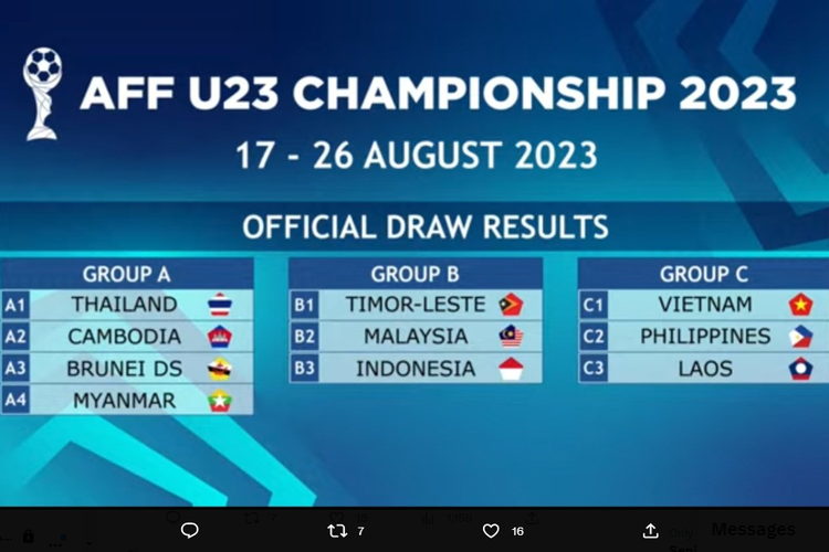 Tangkapan layar Twitter ASEAN Football, @AFFPresse, yang memuat hasil undian atau drawing Piala AFF U23 2023. Drawing Piala AFF U23 2023 berlangsung di Bangkok, Thailand, pada Senin (29/5/2023) siang WIB.