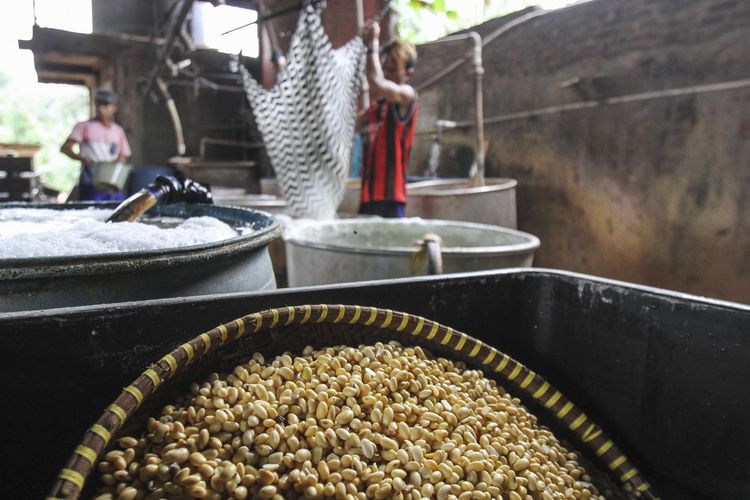 Pekerja melakukan proses pembuatan tahu di salah satu pabrik tahu di Pasir Putih, Depok, Jawa Barat, Selasa (15/2/2022). Ketua Umum Gabungan Koperasi Produsen Tempe Tahu (Gakoptindo) Aip Syarifudin mengumumkan akan melakukan aksi mogok produksi pada 21 - 23 Februari 2022, dampak naiknya harga kedelai dari Rp 9 ribu menjadi Rp 11 ribu per kilogram.