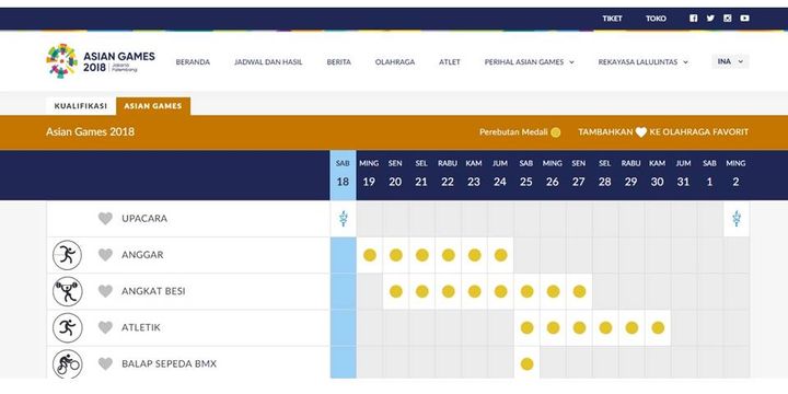 Jadwal pertandingan Asian Games 2018, yang dilansir dari situsweb resmi www.asiangames2018.id