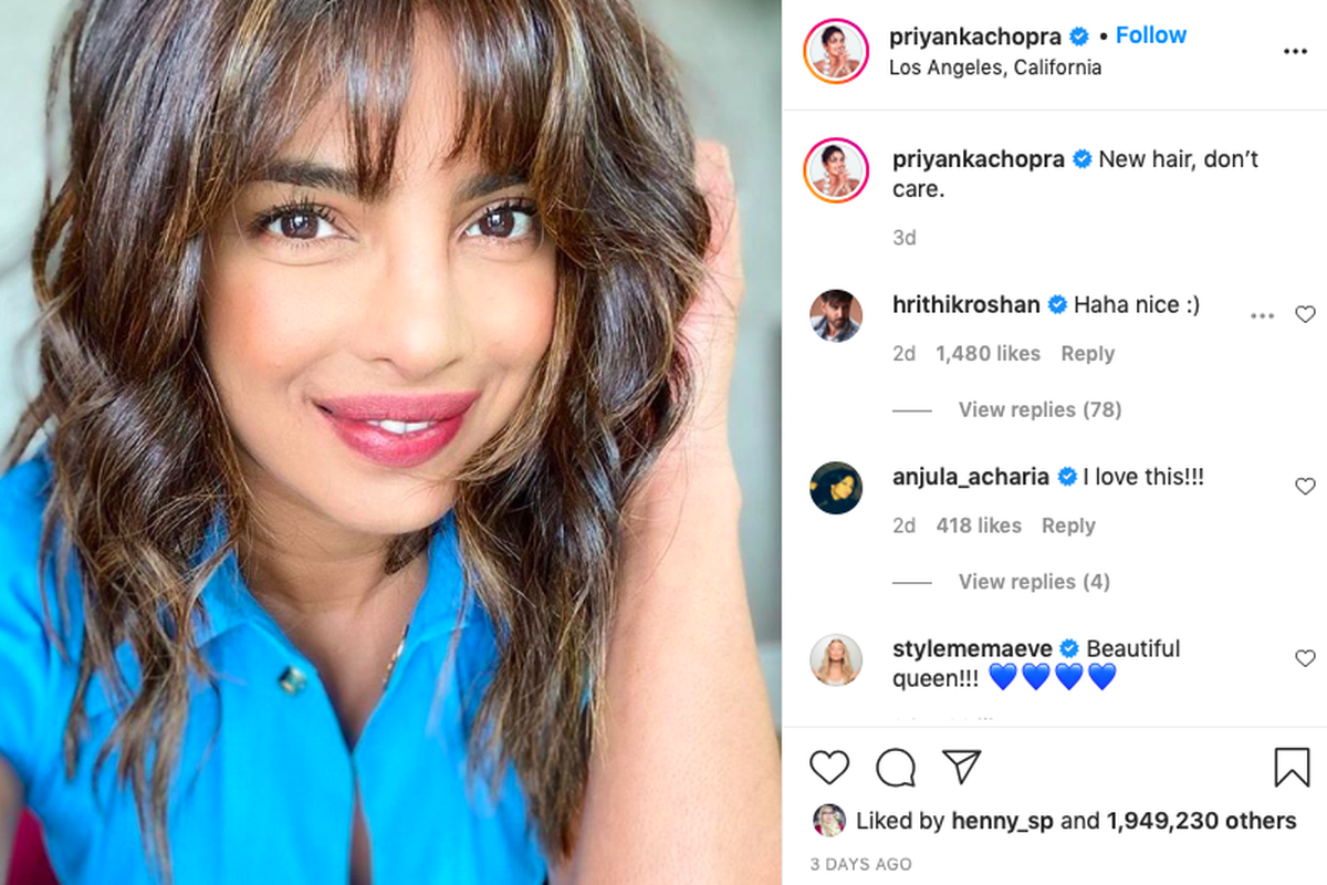 Artis peran Priyanka Chopra tampil fresh dengan rambut sebahu dan berponi.