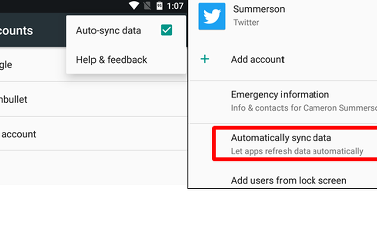 Menonaktifkan sinkronisasi otomatis pada OS Android versi lawas (kiri) dan Android Oreo (kanan).