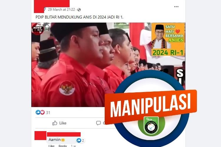 Tangkapan layar Facebook narasi yang menyebut bahwa PDI-P Blitar, Jawa Timur mendeklrasikan dukungan pada Anies Basweda