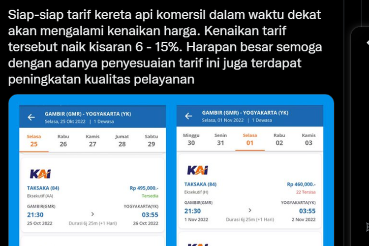 Tangkapan layar twit yang menyebutkan bahwa tarif KA akan naik sekitar 6-15 persen.