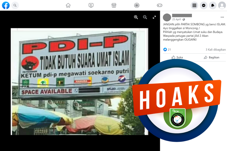 Tangkapan layar unggahan dengan narasi hoaks di sebuah akun Facebook, 25 April 2032, soal foto baliho bertuliskan PDI-P tidak butuh suara umat Islam.