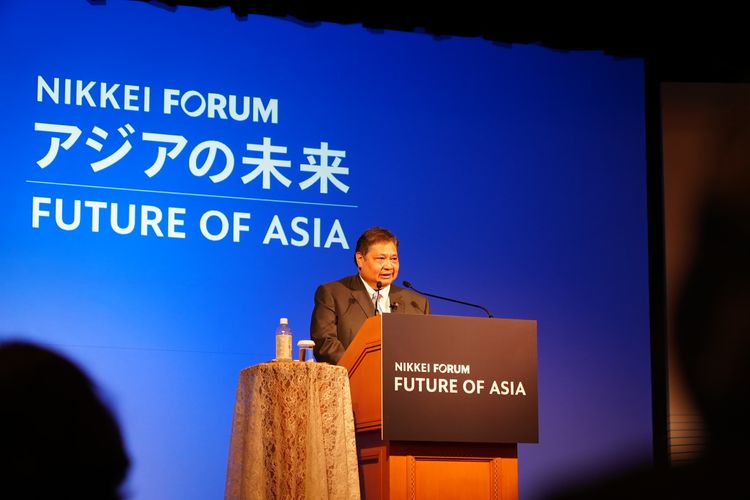Menteri Koordinator (Menko) Perekonomian Airlangga Hartarto berbicara di Nikkei Forum 2024, Tokyo, Jumat (24/5/2024).