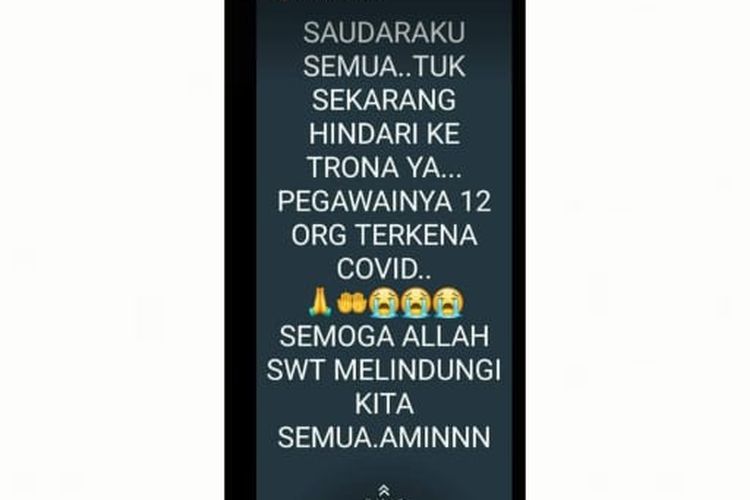 Tangkapan layar yang menginformasikan 12 pegawai Trona di Jambi terkena Covid-19.