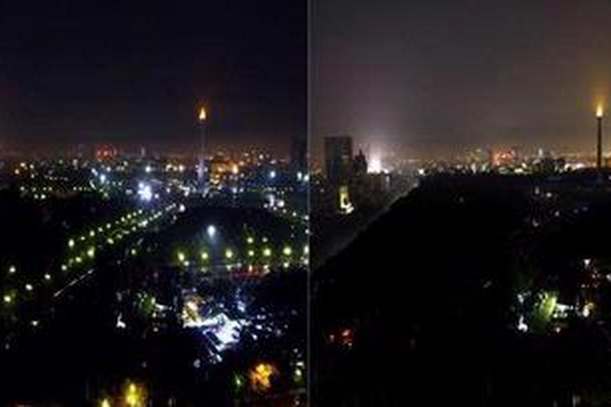 Sebelum (kiri) dan sesudah pemadaman listrik selama satu jam pada peringatan earth hour di Kawasan Monumen Nasional (Monas), Jakarta Pusat, Sabtu (27/3/2010) malam. Kegiatan serupa juga dilakukan di berbagai belahan bumi sebagai bentuk kepedulian terhadap kondisi bumi yang semakin panas.   