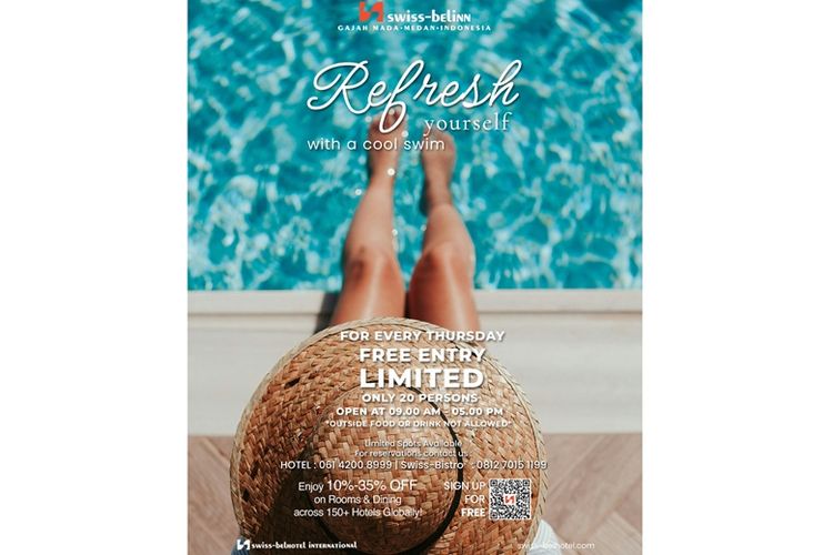 Dengan mengeluarkan minimal Rp 50.000, tamu Dok. Swiss-Belinn Gajah Mada Medan dapat menikmati fasilitas kolam renang yang nyaman dan modern. 