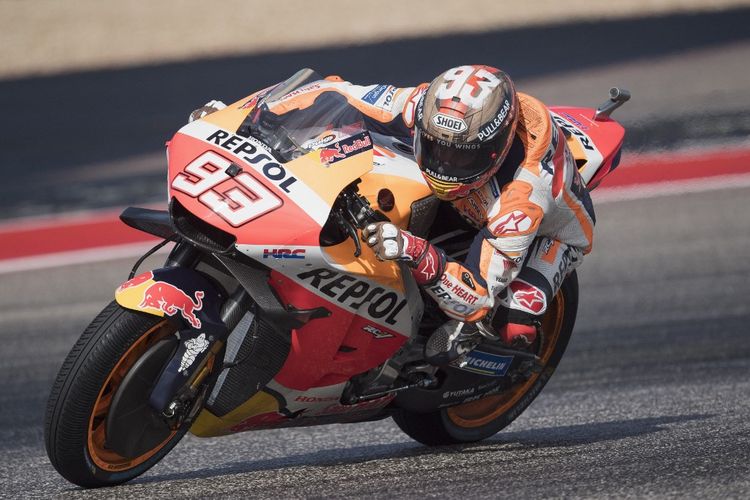 Marc Marquez saat berlaga pada MotoGP Amerika 2021.   Mirco Lazzari gp/Getty Images/AFP (Photo by Mirco Lazzari gp / GETTY IMAGES NORTH AMERICA / Getty Images via AFP)