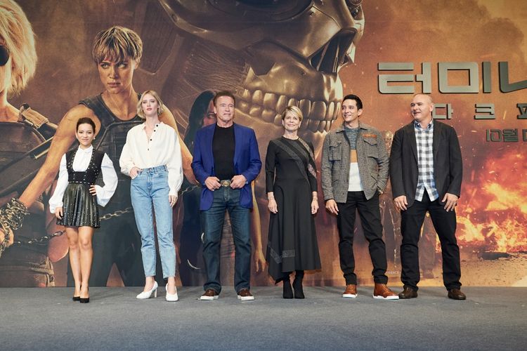 Sejumlah pemain dalam acara press junket Terminator: Dark Fate di Four Seasons Hotel, Seoul, Korea Selatan, Senin (21/10/2019).