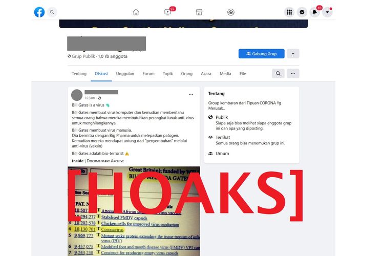 Tangkapan layar unggahan hoaks sebuah akun Facebook, yang menyebut bahwa Bill Gates membuat virus.