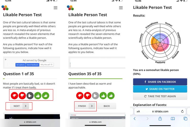 Ilustrasi cara main tes seberapa menyenangkan diri Anda di Idrlabs.com.