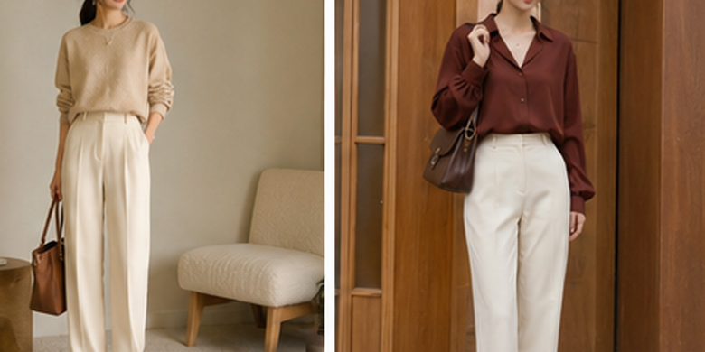 Inspirasi warna baju yang cocok dengan celana ivory, mulai dari nuansa netral, earth tone, hingga pastel agar outfit terlihat elegan.