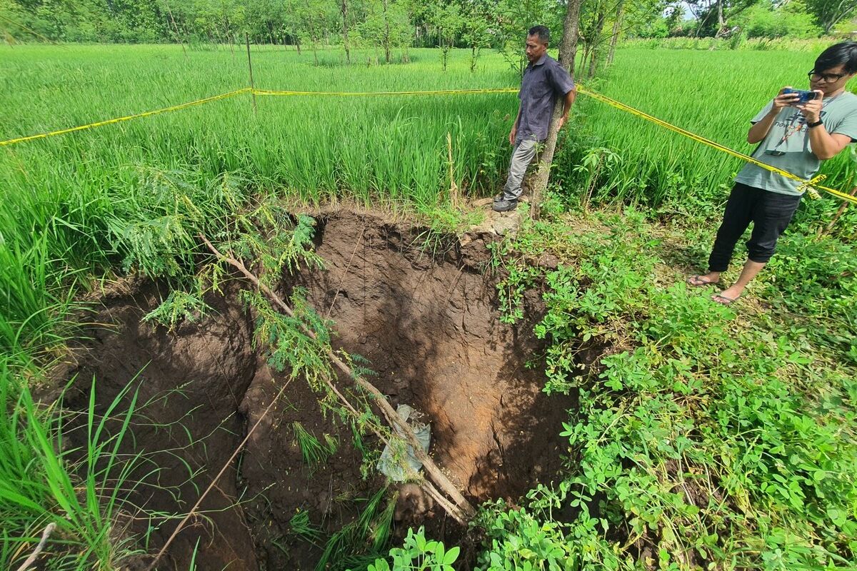 MISTERIUS: Lubang atau sinkhole muncul di ladang di Kwangen Kidul, Pacarejo, Semanu, Gunungkidul, DIY, Selasa (7/1/2025)